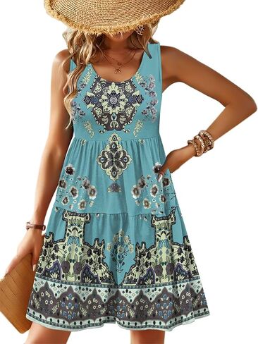 Zeagoo Women's Summer Casual Crew Neck Dress with Pocket Boho Sleeveless High Waist A-line Sundress Midi Dresses in Kuwait