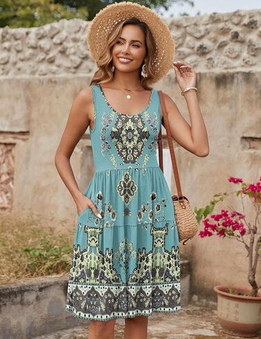 Zeagoo Women's Summer Casual Crew Neck Dress with Pocket Boho Sleeveless High Waist A-line Sundress Midi Dresses in Kuwait