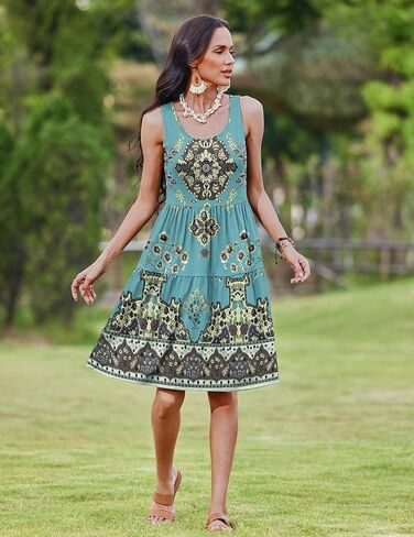 Zeagoo Women's Summer Casual Crew Neck Dress with Pocket Boho Sleeveless High Waist A-line Sundress Midi Dresses in Kuwait