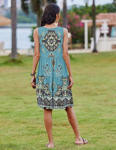 Zeagoo Women's Summer Casual Crew Neck Dress with Pocket Boho Sleeveless High Waist A-line Sundress Midi Dresses in Kuwait