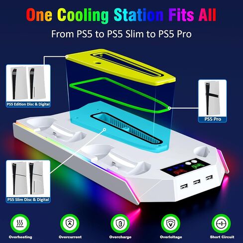 PS5 Charging Station, PS5 Slim Stand and Cooling Station for PS5 Slim&Standard Disc/Digital Console and PS5 Pro,Incl. Charger/Turbo Fan/USB Hub/Headset Holder/RGB Light in Kuwait