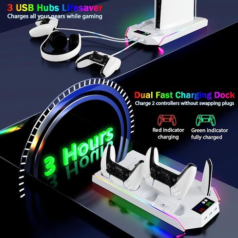 PS5 Charging Station, PS5 Slim Stand and Cooling Station for PS5 Slim&Standard Disc/Digital Console and PS5 Pro,Incl. Charger/Turbo Fan/USB Hub/Headset Holder/RGB Light in Kuwait