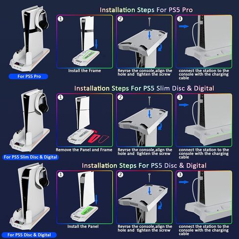 PS5 Charging Station, PS5 Slim Stand and Cooling Station for PS5 Slim&Standard Disc/Digital Console and PS5 Pro,Incl. Charger/Turbo Fan/USB Hub/Headset Holder/RGB Light in Kuwait