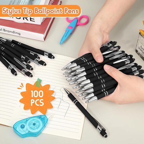Yeaqee 100 Pieces Ballpoint Pen with Stylus Tip Click Metal Pen, 2 in 1 Black Ink Pens for Writing 1.0 mm Medium Point Stylus Pen for Touch Screen Tablet, Assorted Colors in Saudi Arabia