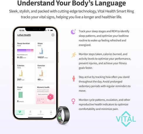Vital Health Smart Ring for Women Charging Case Black Smart Ring for Men with Fitness Tracking, Sleep Monitor, Activity Tracking, App (Vital Health Ring Charging Case in Kuwait