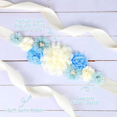 Ivory Cream Baby Shower Sash and Pins Set - Cream White Flower Baby Shower Belly Belt and Mom to Be & Dad to Be Corsage Pins, New Parents Pregnancy Photo Props Party Supplies in Kuwait