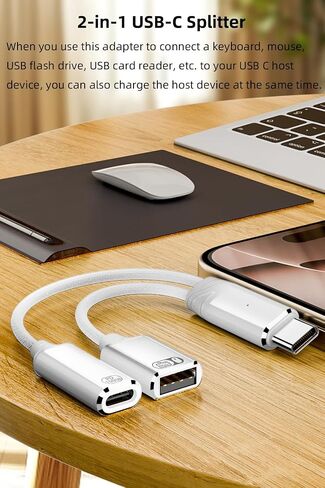 USB C to USB OTG Cable and Charger Adapter, 2-in-1 USB-C Splitter with 100W Fast Charging for iPhone 16/15 Series, iPad, MacBook, Galaxy S24/S23 and More in Kuwait