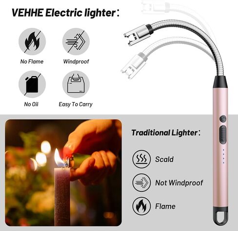 VEHHE Electric Lighter with 360° Flexible Neck, Flameless Windproof Long Candle Lighter with Led Battery Display, USB C Rechargeable Lighter with Hanging Hook for Gifts BBQ Fireworks (Black) in Kuwait