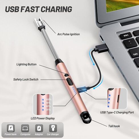 VEHHE Electric Lighter with 360° Flexible Neck, Flameless Windproof Long Candle Lighter with Led Battery Display, USB C Rechargeable Lighter with Hanging Hook for Gifts BBQ Fireworks (Black) in Kuwait