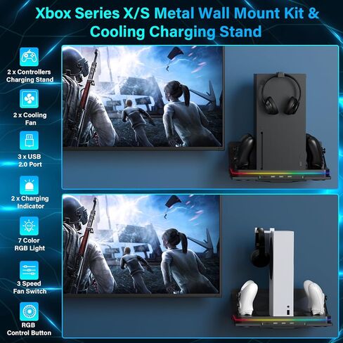Wall Mount with Cooling Fan Charging Stand for Xbox Series X/S, Vertical Dual Controller Charger Station with 2 X 1100 mAh Rechargeable Battery for Xbox Console Accessories, 3 USB Ports, Headset Stand in Kuwait