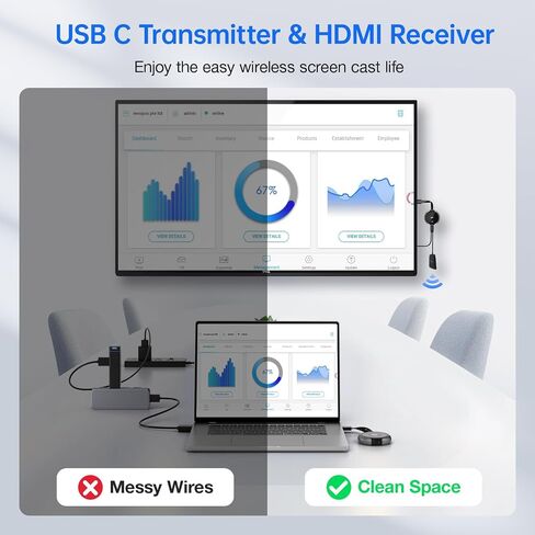Aimibo USB C Wireless Transmitter and HDMI Receiver ، 2.4/5g HDMI Wireless Extender 165ft/50m ، فيديو/صوت لـ MacBook ، Surface ، I-pad ، i-phone 15 ، مربع التلفزيون ، الكاميرا ، جهاز العرض ، HDTV in Kuwait