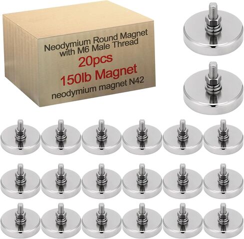Therwen 10 قطع 150 رطل مغناطيس نيوديميوم قوي مستدير مغناطيس نيوديميوم مع مسمار ملولب ذكر M6، مغناطيس عالي التحمل مع صامولة وغسالة للإضاءة والكاميرا والأقواس والمعدات الأخرى in Kuwait