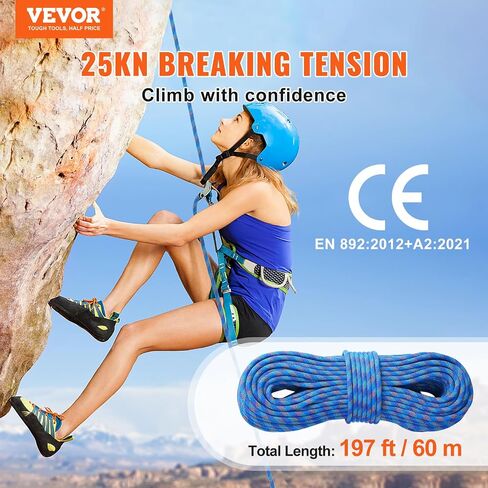 VEVOR 10.2mm Dynamic Climbing Rope, 40M(131ft) Outdoor Rock Climbing Rope 25KN Breaking Tension, Stretchable Fiber Rope with Steel Snap Hooks for Escape, Rappelling, Fire Rescue, Blue in Kuwait