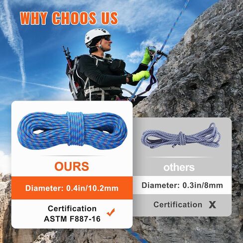 VEVOR 10.2mm Dynamic Climbing Rope, 40M(131ft) Outdoor Rock Climbing Rope 25KN Breaking Tension, Stretchable Fiber Rope with Steel Snap Hooks for Escape, Rappelling, Fire Rescue, Blue in Kuwait