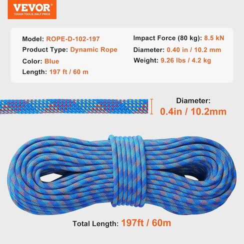 VEVOR 10.2mm Dynamic Climbing Rope, 40M(131ft) Outdoor Rock Climbing Rope 25KN Breaking Tension, Stretchable Fiber Rope with Steel Snap Hooks for Escape, Rappelling, Fire Rescue, Blue in Kuwait