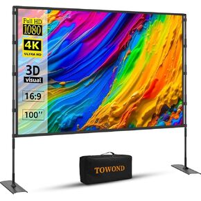 Projector Screen and Stand, Towond 120 inch Outdoor Projector Screen Indoor, Portable Movie Screen 16:9 4K Front Rear Projection Screen with Carry Bag Wrinkle-Free Design for Home Backyard Theater