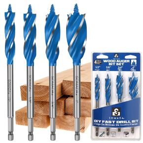 SOMADA Auger Drill Bit Set for Wood, 4-Piece, 1/2", 5/8", 3/4" and 1" Inch Size, 6-Inch Long Impact Wood Auger Set with Quick Change
