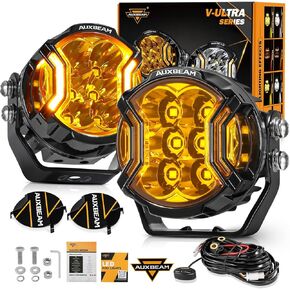 Auxbeam V-MAX Series LED Pod Lights, 7 Inch Offroad Driving Cube Lights with Amber DRL, 228W Super Bright Spot Flood Combo Beam Universal Auxiliary Ditch Light with Yellow Cover with DT Plug Kit, 2PCS