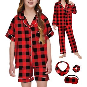 Girl Silk Satin Pajamas Set 7 Piece kids Button Down Sleepwear with Eye Mask, Hairhand, Hair Ring