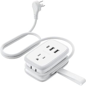 Travel Power Strip with USB Ports, NTONPOWER 4 Outlets 3 USB with 4FT Wrapped Short Extension Cord Flat Plug, USB Portable Desktop Charging Station, Compact for Hotel Travel Cruise Essentials, White