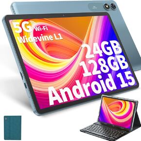 Android Tablet with Keyboard, Android 14 Tablet 10 inch with 24GB+128GB, 1TB Expand, 8-Core, 8000mAh, 5G WiFi, Widevine L1, GMS, 2 in 1 Tablet with Keyboard, Mouse, Stylus(Black)