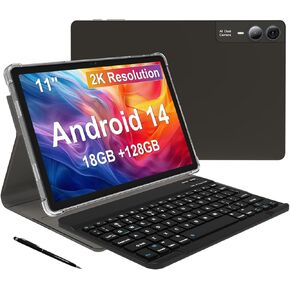 11 inch Tablet with Keyboard Android 14 2000*1200 2K Display Tablets PC, T616 Octa-Core 2.0GHz, 18GB RAM 128GB ROM 1TB Expandable, 5M+5M+13MP AI Camera, 9000mAh Battery, WiFi, Bluetooth, GPS - Gray