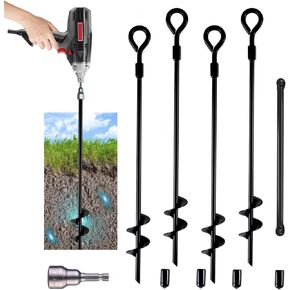 MIXXIDEA18 Inch Ground Anchors Screw in Folding Ring Spiral Metal Ground Stakes Dog Tie Out Stake Spiraling Anchor Trampoline Anchors for Tent (black-6pk)