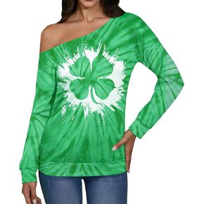 Spadehill Women St Patrick's Day Off Shoulder Sweatshirt Irish Shamrock Long Sleeve Shirt
