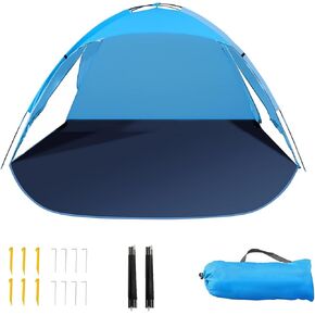 Beach Tent for 3-4 People, UPF50+ Sun Shelter with Breathable 3-Zipper Door Design, 8.0mm Reinforced Fiberglass Poles, Portable Shade Canopy for Beach & Camping (Blue)