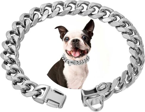 Stainless Steel Silver Gold Dog Collars with Safety Buckle Lock,18K Cuban Link Chain Training Collar,15MM Strong Dog Necklace Heavy Duty Chew Proof for Small Medium Large Dog in Saudi Arabia