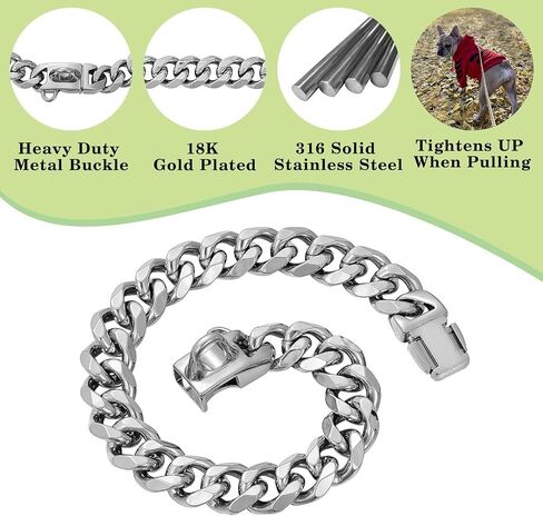 Stainless Steel Silver Gold Dog Collars with Safety Buckle Lock,18K Cuban Link Chain Training Collar,15MM Strong Dog Necklace Heavy Duty Chew Proof for Small Medium Large Dog in Saudi Arabia