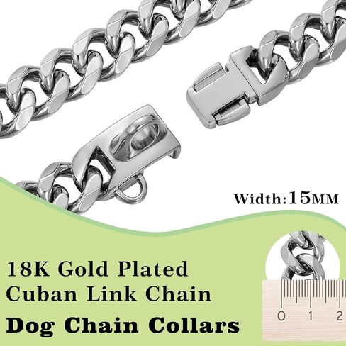 Stainless Steel Silver Gold Dog Collars with Safety Buckle Lock,18K Cuban Link Chain Training Collar,15MM Strong Dog Necklace Heavy Duty Chew Proof for Small Medium Large Dog in Saudi Arabia