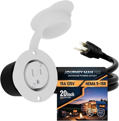 15A Weatherproof Outdoor Power Outlet by Journeyman-Pro 15 Amp 125 Volt NEMA 5-15R Receptacle Kit with Integrated 20" Extension Cord + Waterproof Rubber Cover (GCR1-BLACK) in Kuwait