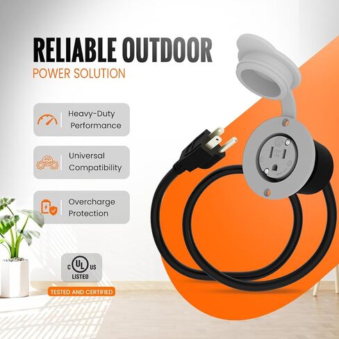 15A Weatherproof Outdoor Power Outlet by Journeyman-Pro 15 Amp 125 Volt NEMA 5-15R Receptacle Kit with Integrated 20" Extension Cord + Waterproof Rubber Cover (GCR1-BLACK) in Kuwait