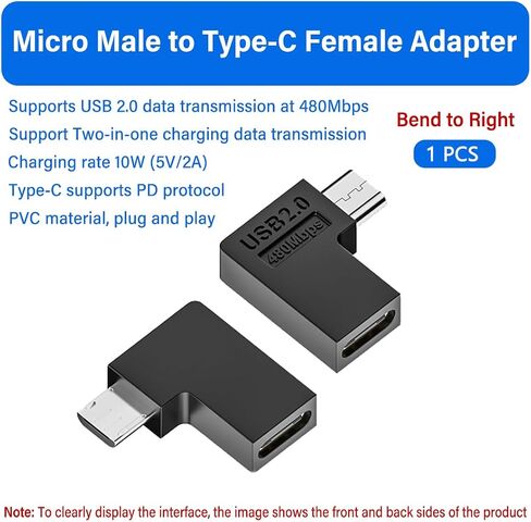 4Packs Micro USB 2.0 Connector Micro USB Male to USB C Female 90/180 Degree Angled Connector Adapter for Charging or Data Transfer,(5V2A) 10W 480Mbps in Kuwait