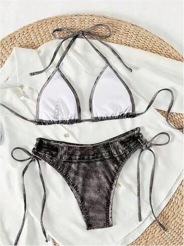 MakeMeChic Women's Bikini Set Denim Print Halter Tie Back Triangle Swimsuit Beachwear in Saudi Arabia