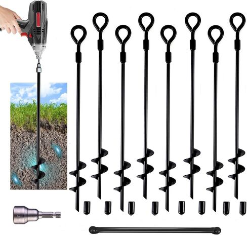 MIXXIDEA18 Inch Ground Anchors Screw in Folding Ring Spiral Metal Ground Stakes Dog Tie Out Stake Spiraling Anchor Trampoline Anchors for Tent (black-6pk) in Kuwait