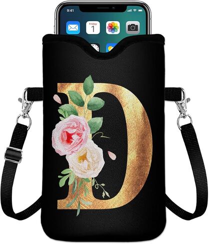 Initial Neoprene Cell Phone Sleeve Pouch 7.6"x4.3" with Crossbody Strap/Neck Lanyard,2 Pockets Inner Universal Phone Bag for Womem Men Shockproof Mobile Protection Case Bag-Black Letter-E Phone Pouch in Kuwait