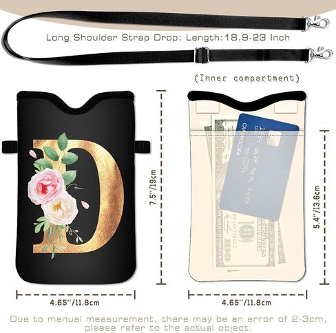 Initial Neoprene Cell Phone Sleeve Pouch 7.6"x4.3" with Crossbody Strap/Neck Lanyard,2 Pockets Inner Universal Phone Bag for Womem Men Shockproof Mobile Protection Case Bag-Black Letter-E Phone Pouch in Kuwait