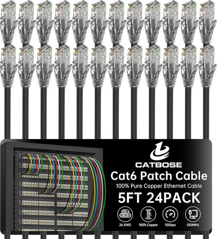 5 Feet Cat6 Patch Cable(24 Pack), Solid Pure Copper Patch Cord, Cat 6 Ethernet Cable, UTP Network, High Speed RJ45 Internet Cable, Compatible for Routers, Switches, PC, Servers, PS4/5, Xbox - Green in Kuwait