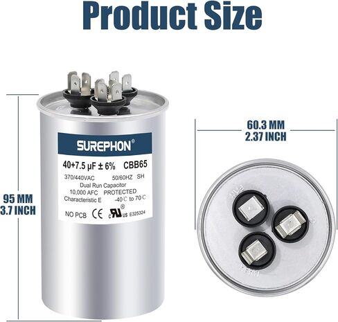 SUREPHON CBB65 Run Capacitor for ac 45/5 uf 45+5 MFD Dual 370-440 Volt, Works for HVAC, Air Conditioners, Heat Pumps in Kuwait