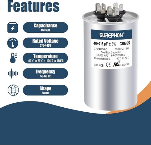 SUREPHON CBB65 Run Capacitor for ac 45/5 uf 45+5 MFD Dual 370-440 Volt, Works for HVAC, Air Conditioners, Heat Pumps in Kuwait