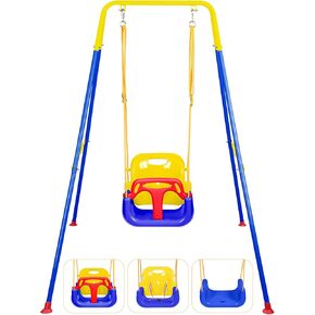 3-in-1 Toddler Swing Set, Baby Swing with Stand for Outdoor Indoor Play, Kids Swing Set for Backyard, Easy to Assemble and Store for Aged 6 Months to 10 Years Old (Pink White)