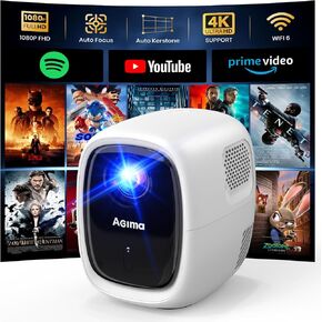 [Auto Focus] Mini Projector with WiFi and Bluetooth 1920*1080P 4K Support Projector Netflix, Prime Video, Youtube, Auto Correction, Stereo Speaker, Portable Projector Home Outdoor, White