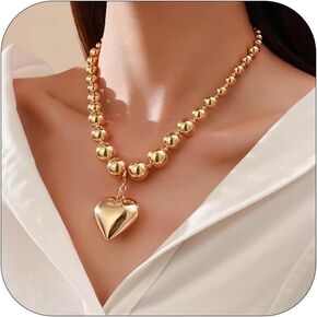 Gold Chunky Heart Necklace Puffy Heart Pendant Choker Necklaces Big Bead Adjustable Pearl Chain Necklace for Women Trendy Gifts