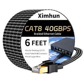 Cat 8 Ethernet Cable 6 FT, 40Gbps 2000Mhz High Speed Flat Cat8 Cable Patch Cord with Gold-Plated RJ45 Connector, LAN Network Internet Cable, Router/Gaming/Computer, S/FTP