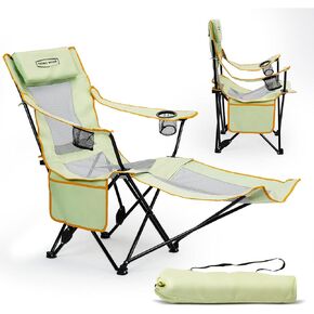YOUNG WOOD Camping Lounge Chair, Portable Reclining Camping Chair with Foot Rest, Folding Camping Chair for Adults, Headrest & Storage Bag, Mesh Recliner with Backpack, 330lbs Weight Capacity，Green