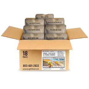MRE Entrees (18-Pack) – Beef, Chicken & Pork (Beef Strips, Chili, Goulash, Chicken Noodles, Chunks, Maple Pork Patties, Italian Sausage) Sourced from USA Govt Contractor by Long Life Food Depot
