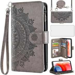 Asuwish Phone Case for Moto G Play 2021 Wallet Cell Cover with Screen Protector Lanyard Wrist Strap Mandala Flower Zipper Card Holder Stand Motorola GPlay2021 6.5 XT2093DL XT2093-7 Women Girls Green