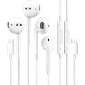 2 Packs USB C Headphones for iPhone 16 15 Earbuds with Microphone & Volume Control HiFi Stereo Type C Earphones for Galaxy S23/S22/S21/S20/Ultra Note 10/20, for iPad Pro Pixel 7/6/6a/5/4 OnePlus 9 8